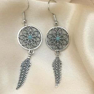 Silver Dream Catcher earrings with dangle feathers
